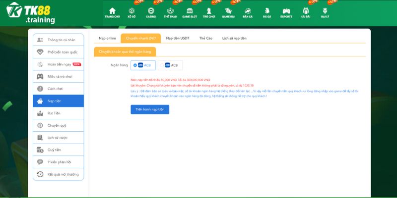 Nạp tiền TK88 thông qua các ngân hàng trực tuyến